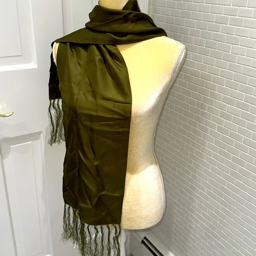 Banana Republic 💯 silk olive green Scarf with 7” silk fringe. 56” by 10” - Picture 3 of 6
